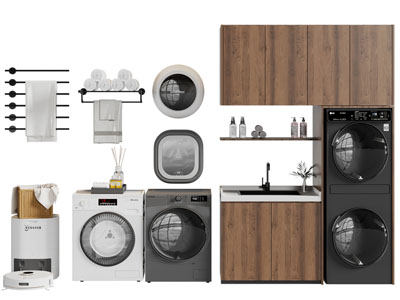 现代阳台实木洗衣机烘干机收纳柜、毛巾架