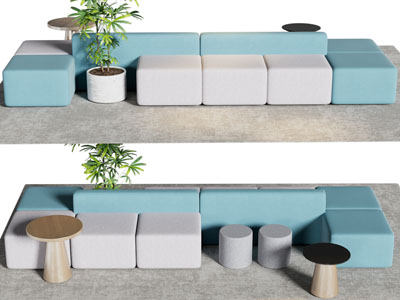 现代双向多人沙发、边几