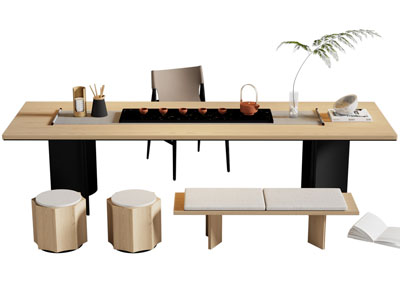 新中式长方形实木茶桌椅组合