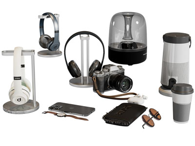 现代耳麦、台灯、数码相机桌面摆件组合3d模型 现代耳麦、台灯、数码相机桌面摆件组合