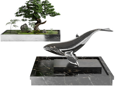 新中式松树景观园艺小品、鲸鱼雕塑雕刻3d模型 新中式松树景观园艺小品、鲸鱼雕塑雕刻