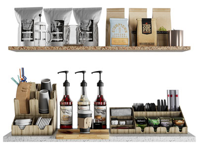 现代搁板咖啡食品配料组合、厨具组合