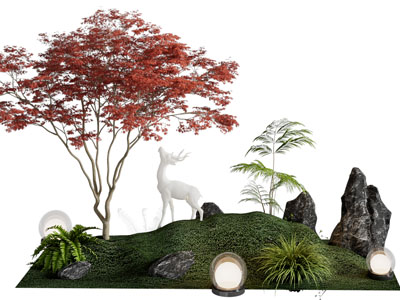 现代枫树 草坡 小鹿雕塑景观园艺小品