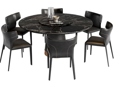 现代黑色圆形大理石餐桌椅组合