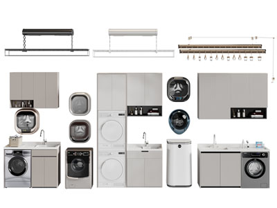 现代阳台洗衣机、烘干机收纳柜、晾衣架3d模型 现代阳台洗衣机、烘干机收纳柜、晾衣架
