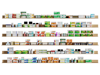 现代药店货架上带包装盒的药品展示3d模型 现代药店货架上带包装盒的药品展示