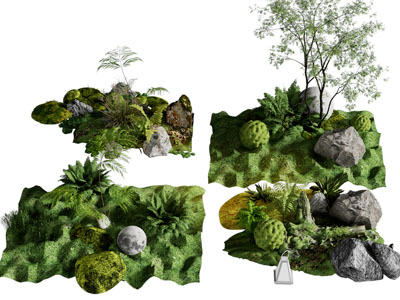 现代草坪、树木、石头景观园艺小品
