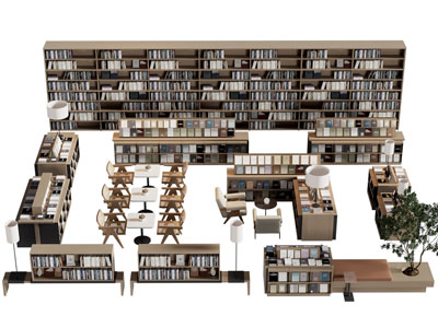现代图书馆书柜、卡座沙发、书架