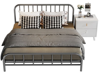 现代铁艺双人床、床头柜