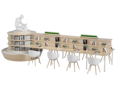 北欧图书馆实木书架、书桌椅组合