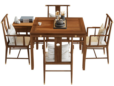 新中式方形实木茶桌椅组合