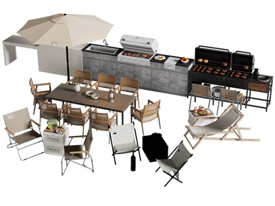 现代户外烧烤、遮阳伞、休闲桌椅组合