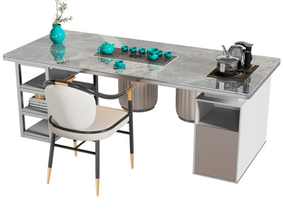 新中式长方形大理石茶桌椅组合