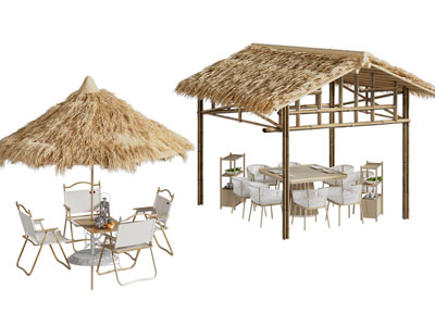 现代茅草亭子 凉亭 休闲桌椅组合