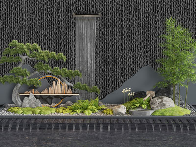 新中式景墙 瀑布 松树 水池景观园艺小品