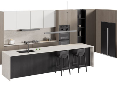 现代转角整体橱柜 厨房中岛台 吧台