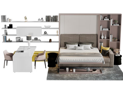 现代背景双人床 可收纳隐藏的沙发床 书柜组合
