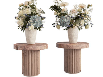 现代边几 土陶花瓶花卉 摆件组合