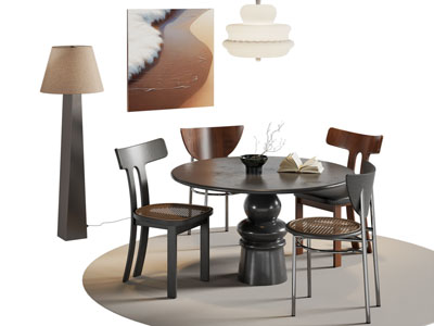 侘寂风实木圆形餐桌椅组合 落地灯