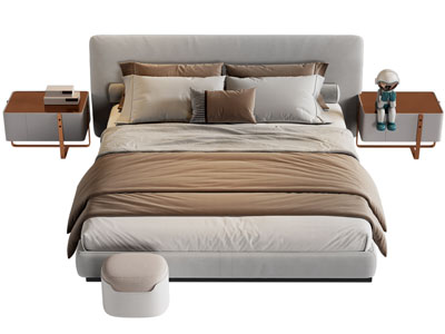 现代布艺双人床 床头柜