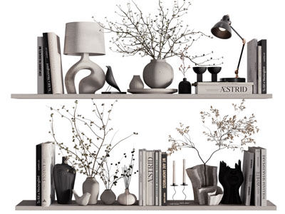 现代书籍 台灯 花瓶花卉摆件组合