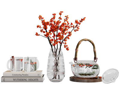 新中式书籍 花瓶花卉 茶壶摆件组合