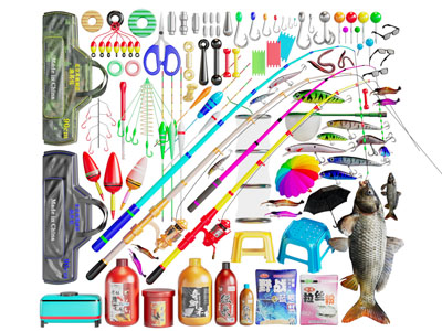 现代钓鱼竿、鱼食、鱼钩钓鱼装备