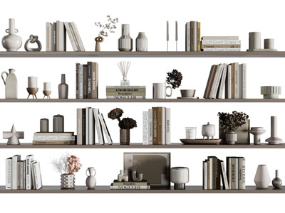 侘寂风实木板上的书籍、花瓶、装饰品摆件组合