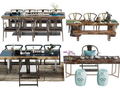 新中式实木长方形茶桌椅组合