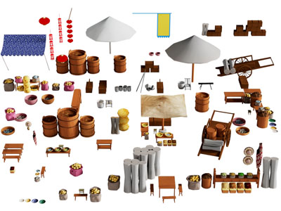 中式蒸笼 食品水果摊位 遮阳伞3d模型 中式蒸笼 食品水果摊位 遮阳伞