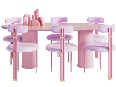 现代粉色椭圆形餐桌椅组合