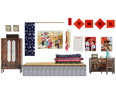 现代中国乡村衣柜 书桌椅组合 摆件组合3d模型 现代中国乡村衣柜 书桌椅组合 摆件组合
