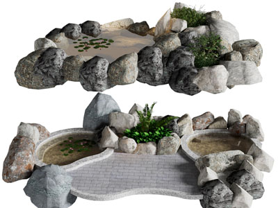 新中式石头、水池景观园艺小品