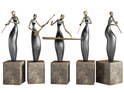 新中式弹奏乐器的女人雕塑雕刻摆件组合