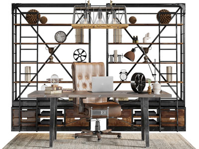 工业风loft书桌椅组合 开放式书柜