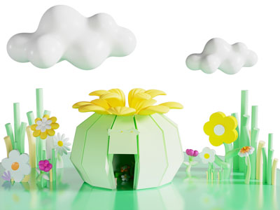 现代卡通花卉 云朵 花房子美陈