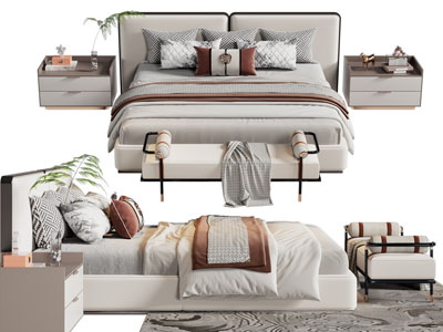 新中式双人床 床尾凳 床头柜