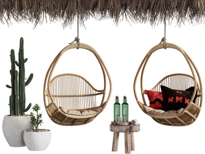 现代竹编吊椅 边几