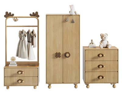 现代儿童实木衣柜 边柜 衣架3d模型 现代儿童实木衣柜 边柜 衣架