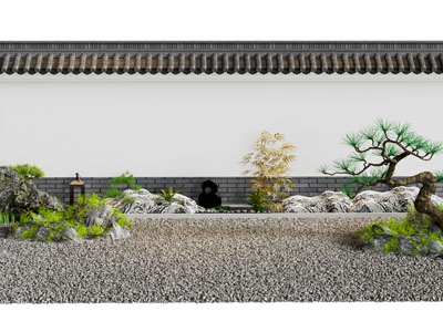 新中式庭院景墙 石子 松树 假山景观园艺小品