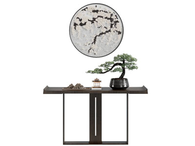 新中式端景台 盆景盆栽 挂画3d模型 新中式端景台 盆景盆栽 挂画