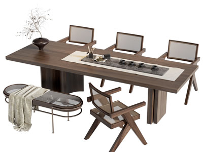 侘寂风长方形实木茶桌椅组合