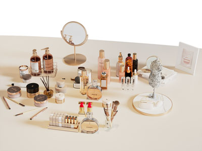 现代梳妆镜子 口红 香水 化妆品摆件组合