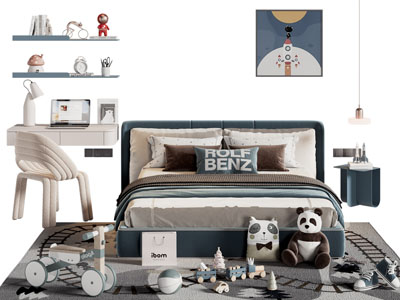 现代布艺双人儿童床 积木玩偶玩具