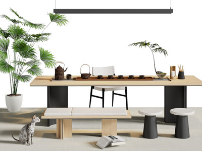 新中式长方形茶桌椅组合