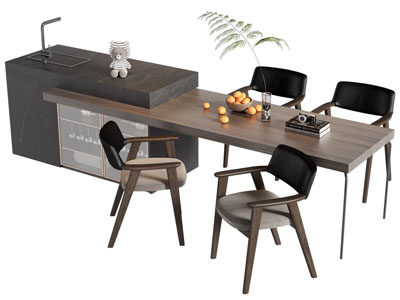 现代带酒柜吧台的餐桌椅组合