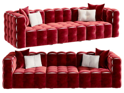 现代红色布艺多人沙发