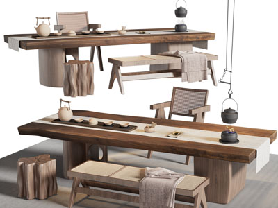 侘寂风实木长方形茶桌椅组合