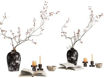 侘寂风陶艺花瓶花卉 书本 烛台摆件组合