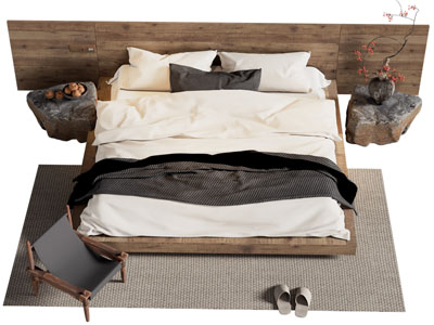 侘寂风实木床头双人床 石头床头柜